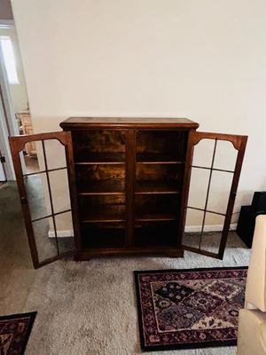 ANTIQUE GLASS DOUBLE DOOR SKELETON KEY LOCKING CABINET