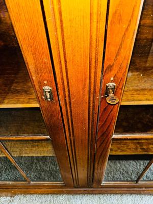 ANTIQUE GLASS DOUBLE DOOR SKELETON KEY LOCKING CABINET