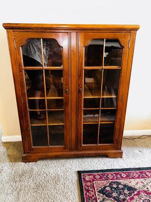ANTIQUE GLASS DOUBLE DOOR SKELETON KEY LOCKING CABINET