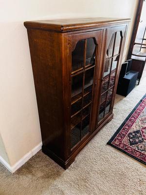 ANTIQUE GLASS DOUBLE DOOR SKELETON KEY LOCKING CABINET