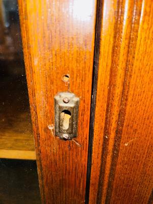 ANTIQUE GLASS DOUBLE DOOR SKELETON KEY LOCKING CABINET