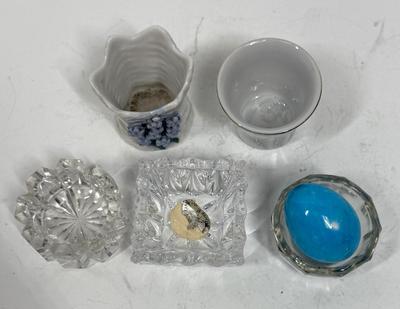 Lot of Miniatures - 3 clear salts, Marble Blue Egg, 2 porcelain salts