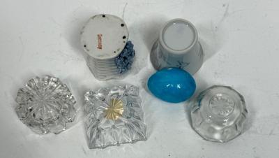 Lot of Miniatures - 3 clear salts, Marble Blue Egg, 2 porcelain salts