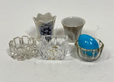 Lot of Miniatures - 3 clear salts, Marble Blue Egg, 2 porcelain salts