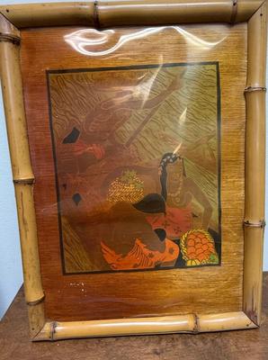 Sale Photo Thumbnail #123: Similar in style to Paul Gauguin's art from Tahiti. In fair to good condition. There is some water damage showing on the matting and the plastic cover is warped, but artwork looks good underneath.