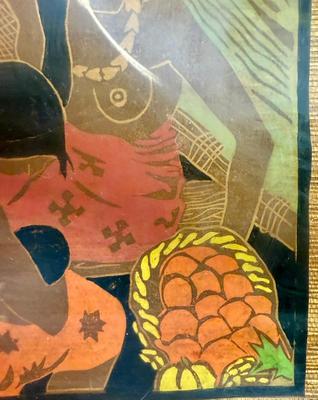 Sale Photo Thumbnail #128: Similar in style to Paul Gauguin's art from Tahiti. In fair to good condition. There is some water damage showing on the matting and the plastic cover is warped, but artwork looks good underneath.