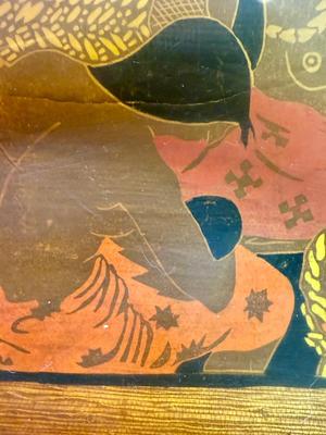 Sale Photo Thumbnail #125: Similar in style to Paul Gauguin's art from Tahiti. In fair to good condition. There is some water damage showing on the matting and the plastic cover is warped, but artwork looks good underneath.