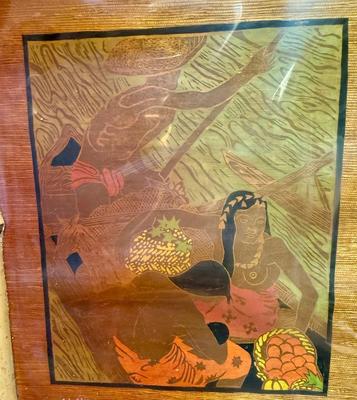 Sale Photo Thumbnail #124: Similar in style to Paul Gauguin's art from Tahiti. In fair to good condition. There is some water damage showing on the matting and the plastic cover is warped, but artwork looks good underneath.