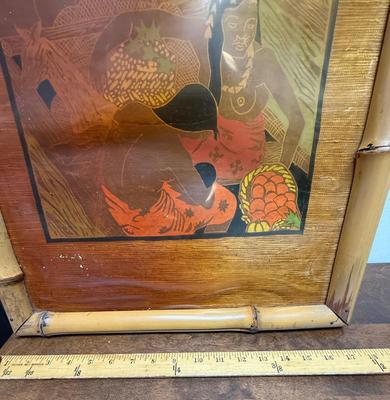 Sale Photo Thumbnail #127: Similar in style to Paul Gauguin's art from Tahiti. In fair to good condition. There is some water damage showing on the matting and the plastic cover is warped, but artwork looks good underneath.