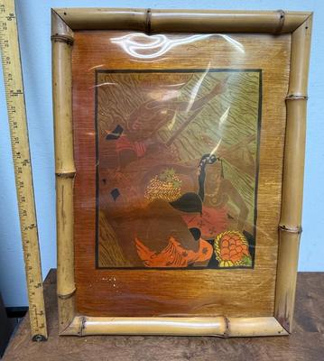 Sale Photo Thumbnail #129: Similar in style to Paul Gauguin's art from Tahiti. In fair to good condition. There is some water damage showing on the matting and the plastic cover is warped, but artwork looks good underneath.