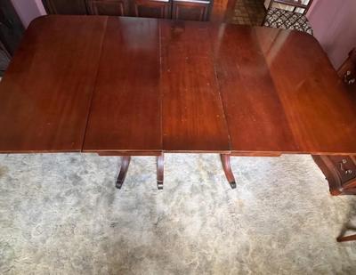 LOT 156D: Vintage Triple Pedestal Drop Leaf Dining Set, with 4 Chairs, Bench, Stool, and 2 Additional Leaves