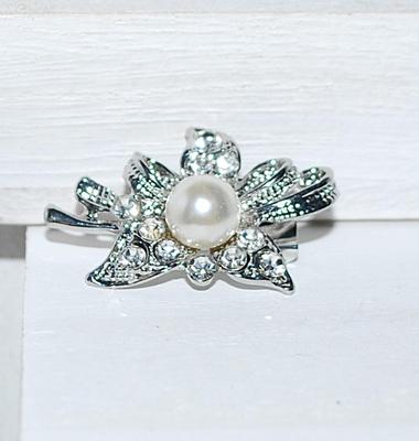 Faux PEARL Center Bowtie and 11 Accents Clear Stones BROOCH (1¼" x ¾") on a Silver Tone Setting