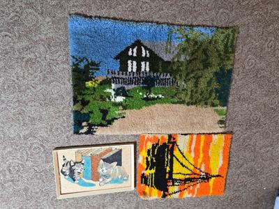 Vintage Latch Hook Wall Hangings – 3and a framed cat picture - handmade