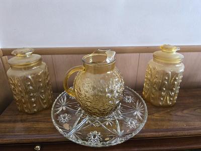 Vintage Amber Glass Kitchen Set – Pitcher, Storage Jars & Starburst Platter