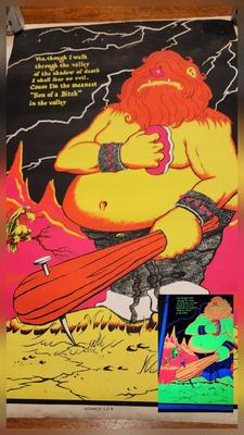 Vintage 1970's Caveman Blacklight Poster Meanest S.O.B. AA Sales Seattle USA Man Cave