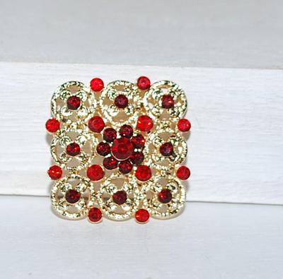 Square 9 Circles Bright RED BROOCH (1" x 1") on a Gold Tone Setting