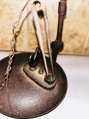 1800’s ANTIQUE FRENCH CAST IRON OIL “BETTY LAMP” AND GLASS BOTTLES
