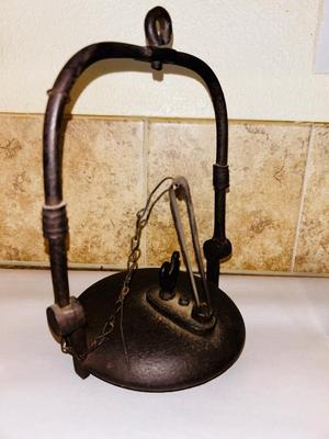 1800’s ANTIQUE FRENCH CAST IRON OIL “BETTY LAMP” AND GLASS BOTTLES