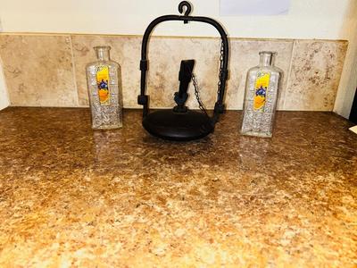1800’s ANTIQUE FRENCH CAST IRON OIL “BETTY LAMP” AND GLASS BOTTLES