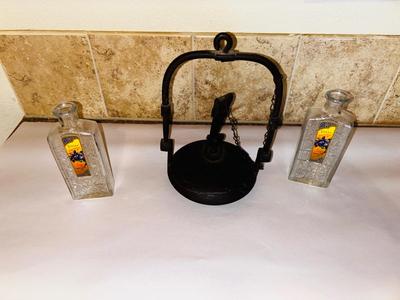 1800’s ANTIQUE FRENCH CAST IRON OIL “BETTY LAMP” AND GLASS BOTTLES