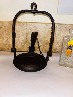 1800’s ANTIQUE FRENCH CAST IRON OIL “BETTY LAMP” AND GLASS BOTTLES