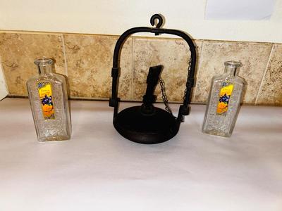 1800’s ANTIQUE FRENCH CAST IRON OIL “BETTY LAMP” AND GLASS BOTTLES