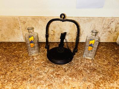 1800’s ANTIQUE FRENCH CAST IRON OIL “BETTY LAMP” AND GLASS BOTTLES