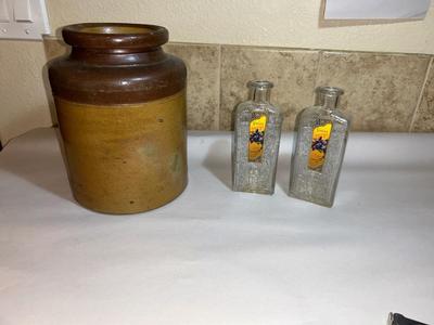 SMALL STONEWARE CROCK AND ANTIQUE GLASS BOTTLES