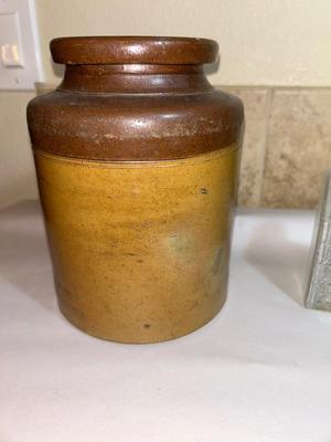 SMALL STONEWARE CROCK AND ANTIQUE GLASS BOTTLES