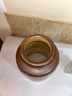 SMALL STONEWARE CROCK AND ANTIQUE GLASS BOTTLES