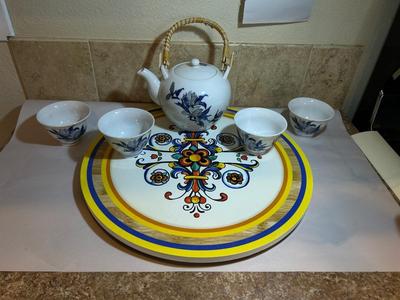 COLORFUL LAZY SUSAN AND ASIAN TEA SET