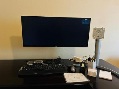 34” LG WIDE SCREEN MONITOR WITH BASE AND WALL MOUNT , LOGITECH WIRELESS KEYBOARD, LOGITECH MOUSE AND MORE!