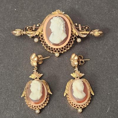 Antique Cameo Brooch and Earings Set