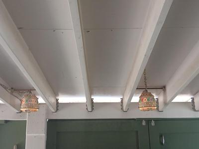 Three smaller Vintage Lighted Homemade Plastic Hanging Swag Lamp with Multi-Color Flowers - Made from flowerpots