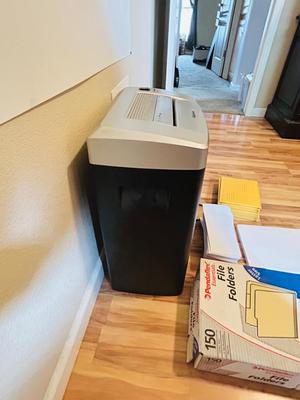 FELLOWS PAPER SHREDDER, WASTE CAN, PADDED ENVELOPES AND LEGAL SIZE, PRINTER PAPER AND FILE FOLDERS