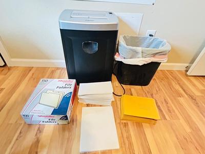 FELLOWS PAPER SHREDDER, WASTE CAN, PADDED ENVELOPES AND LEGAL SIZE, PRINTER PAPER AND FILE FOLDERS