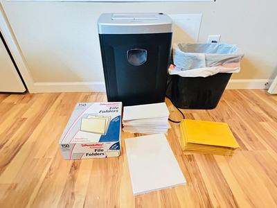 FELLOWS PAPER SHREDDER, WASTE CAN, PADDED ENVELOPES AND LEGAL SIZE, PRINTER PAPER AND FILE FOLDERS