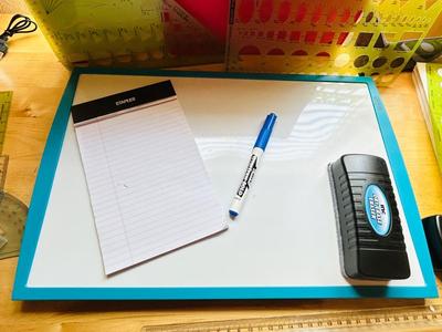 PHILLIPS AUDIO PLAYER, BUSINESS CARD HOLDER, DRAFTING STENCILS, 3 RING BINDERS, MINI SPEAKER, DRY ERASE BOARD AND OTHER SUPPLIES
