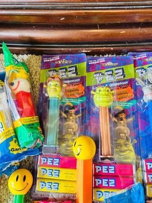 SHREK CHARACTERS AND AN ASSORTMENT OF OTHER PEZ DISPENSERS IN-&-OUT OF PACKAGES