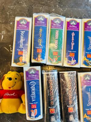 1992 JIMINY CRICKET DOLL, WINNEY THE POOH WITH BOOK AND VTG. DISNEY HAPPY MEAL TOYS