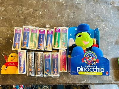 1992 JIMINY CRICKET DOLL, WINNEY THE POOH WITH BOOK AND VTG. DISNEY HAPPY MEAL TOYS