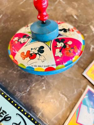 1975 MICKEY MOUSE TOP WORKS GREAT! AND ASSORTMENT OF NEAT POP UP DISNEY GREETING CARDS
