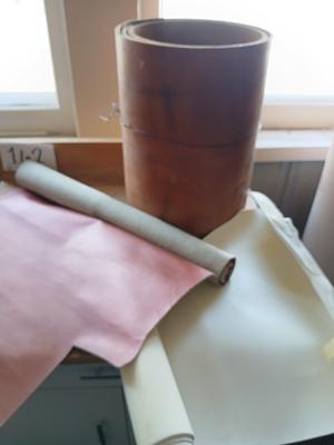 Upholstery and Crafting Materials – Scraps of Vinyl, and small roll of leather