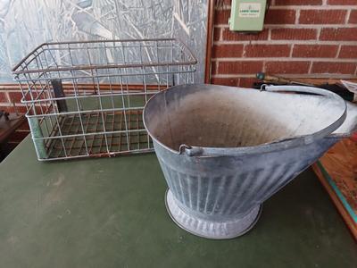 Vintage Industrial Basket & Galvanized Coal Scuttle Lot