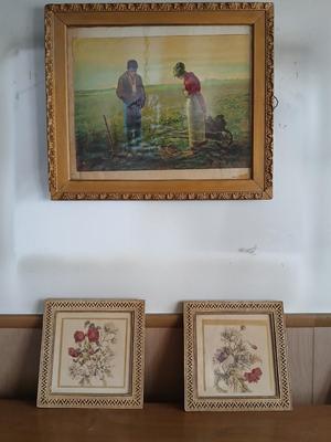 Antique wooden Framed Print “The Angelus” & Floral Art Duo