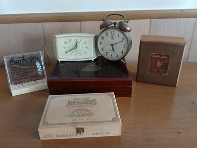 Vintage Decor Lot – Clocks, Cigar Box, English Leather Gift Set wooden box & More