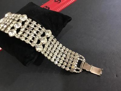 Wide Vintage Clear Rhinestone Locking Bracelet