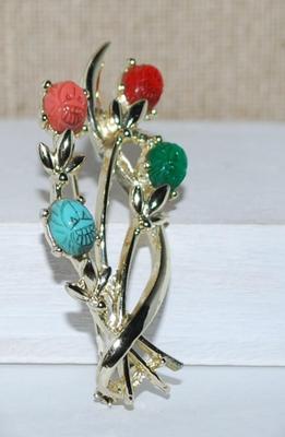 Unique Four Colored MASKS BROOCH (3" x 1¼") on a Swirled Silver Tone Setting