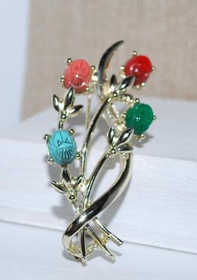 Unique Four Colored MASKS BROOCH (3" x 1¼") on a Swirled Silver Tone Setting