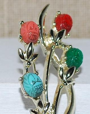 Unique Four Colored MASKS BROOCH (3" x 1¼") on a Swirled Silver Tone Setting